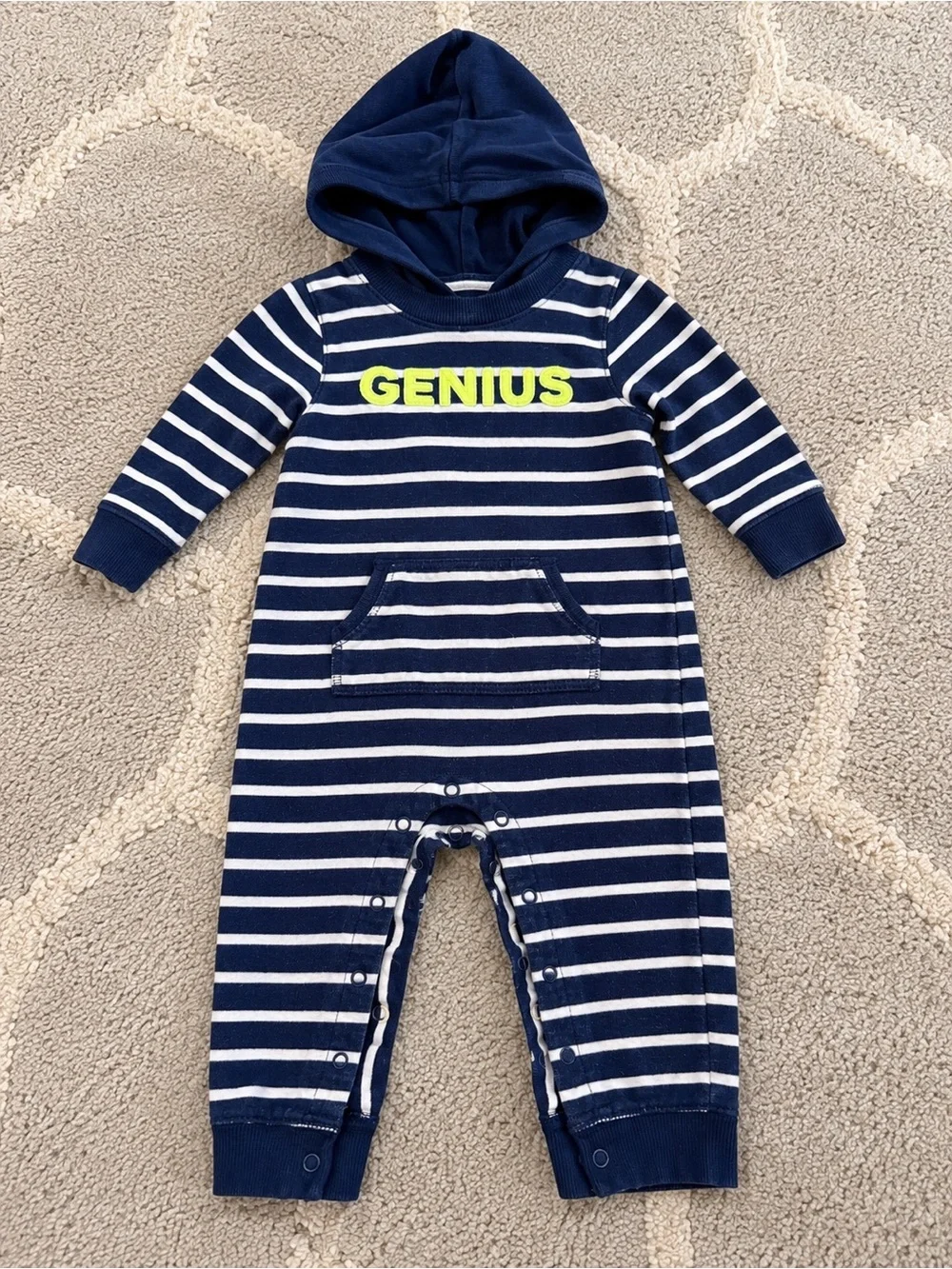 Carter’s Baby Boy “Genius” Hooded Striped Romper – 18 Months